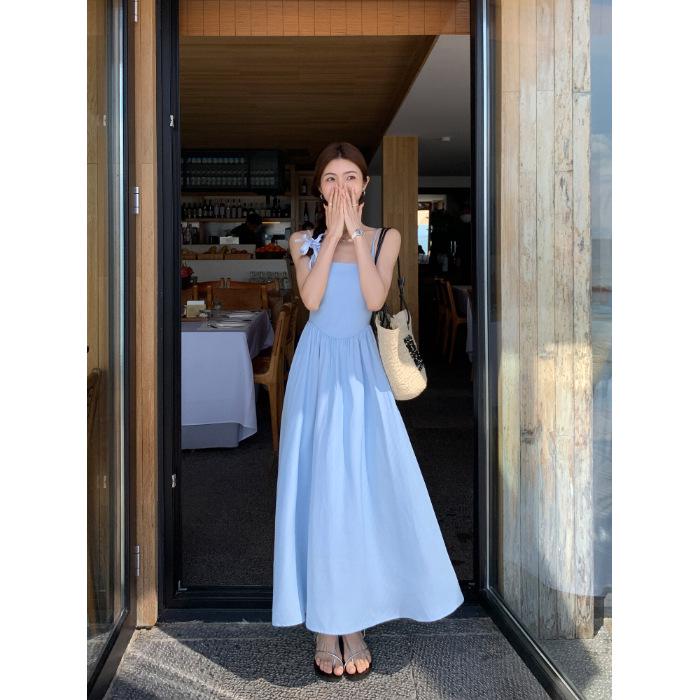 2026 Resort Style Spaghetti Strap Dress with Built-in Bra - Women s High-End Patchwork Waist-Cinched Vest Dress Extra Large синий