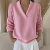 Dames V-hals Zachte Gebreide Trui Effen Kleur Losse Pasvorm Lange Mouw Pullover
