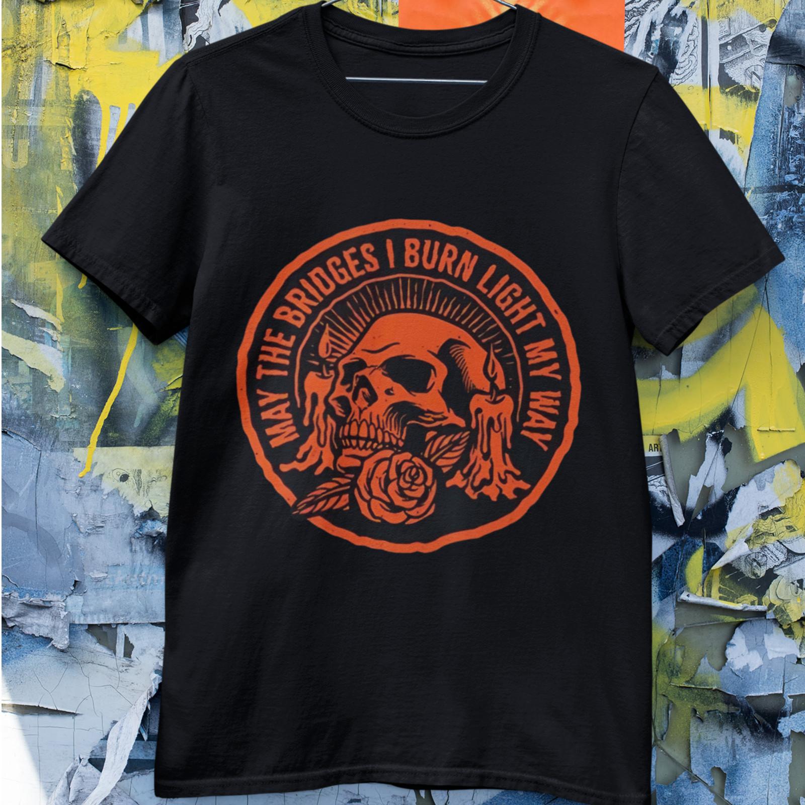 May The Bridges I Burn Light My Way Skull Rose Graphic T-Shirt M
