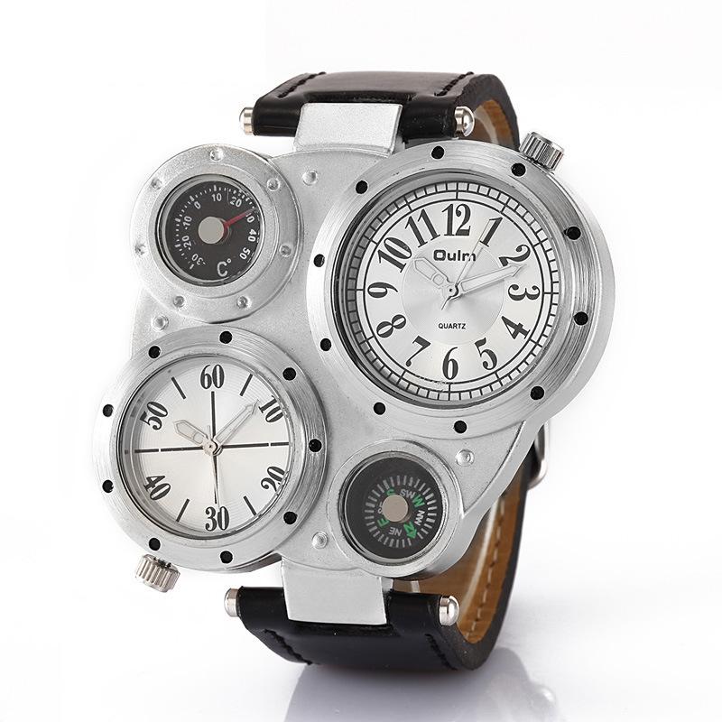 Oulm Dual Time Zone Men'S Belt Watch, Large Dial Compass Quartz Watch