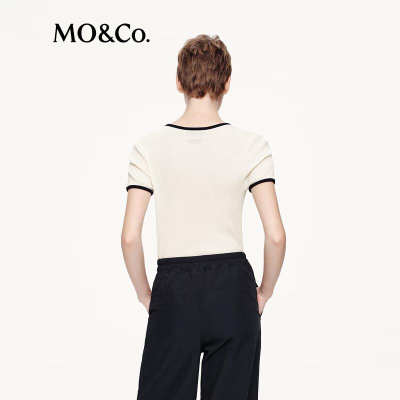 MO&Co. Women's Contrast Trim Round Neck Slim Fit Short Sleeve Knit Top