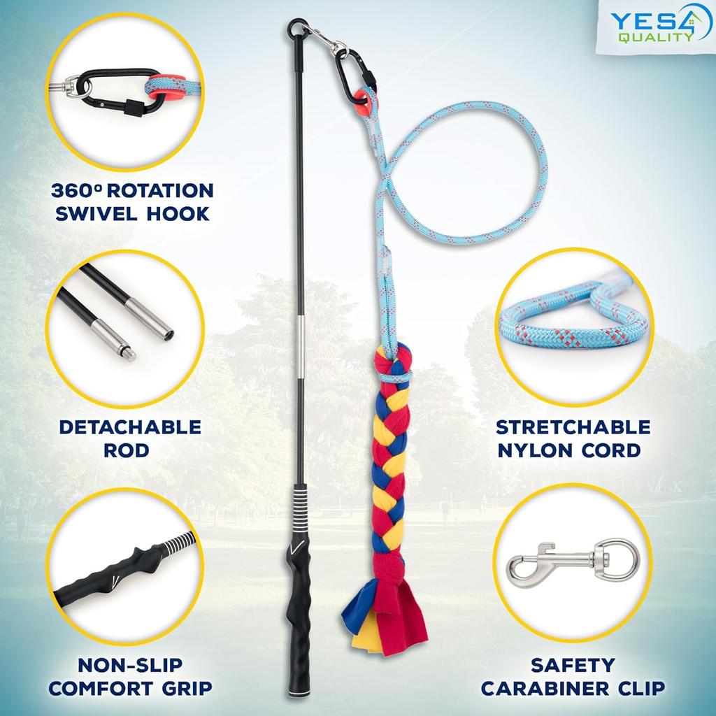 YES4QUALITY Flirt Pole for Dogs - Safe & Strong for Large Breeds with Nylon Cord - Spring Pole for Tug of War, Interactive Play & Puppy Training -