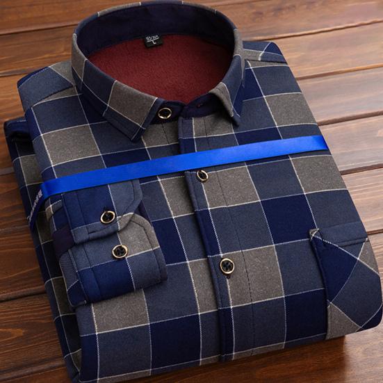 

Men Spring Fall Shirt Formal Business Style Thick Plush Color Matching Plaid Print Vintage Soft Single-breasted Buttons Cardigan XL сірий