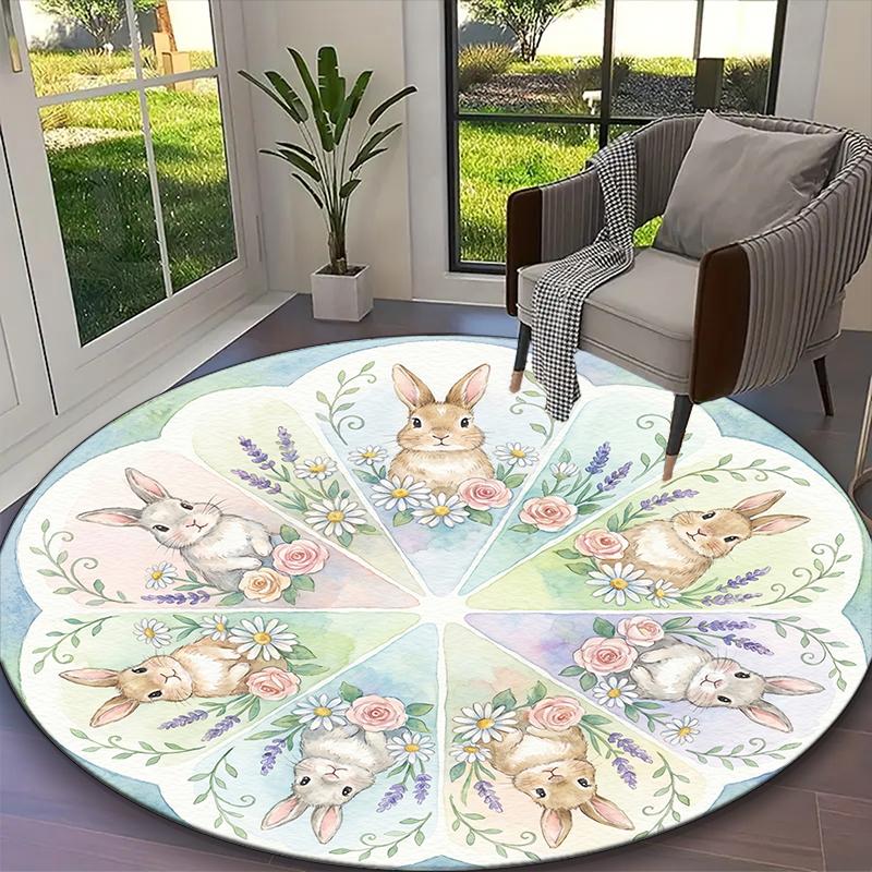 1pc Playful Bunny Rabbit Printed Chair Rug for Home Office Use, Living Room Kitchen Game Room Round Carpet