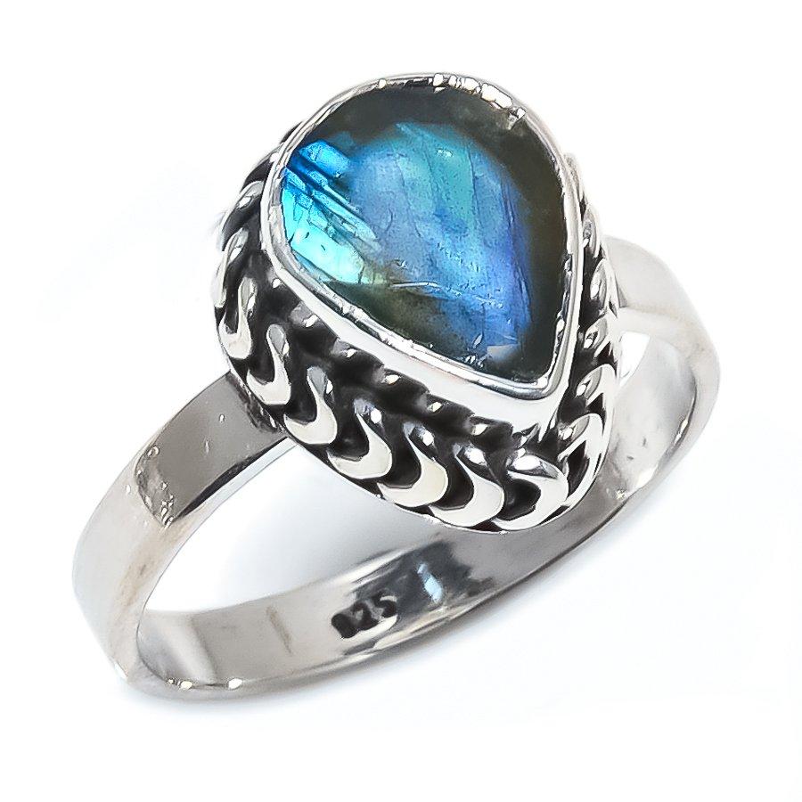 Natural Labradorite Gemstone Handmade 925 Solid Sterling Silver Ring Size 8 i7f42