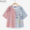 ZANZEA Women Casual Round Neck 3/4 Sleeve Loose Patchwork T-Shirts
