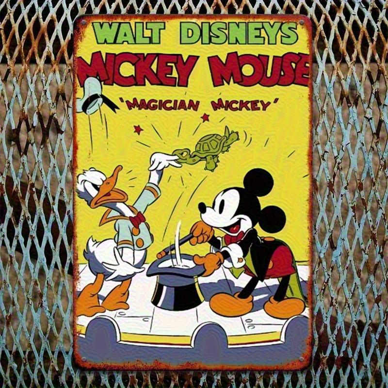 2D Flat, 1pc Retro Disney Mickey Mouse and Donald Duck Aluminum Tinplate Wall Art- 30.48x20.32cm Retro Cartoon Painting, Suitabl