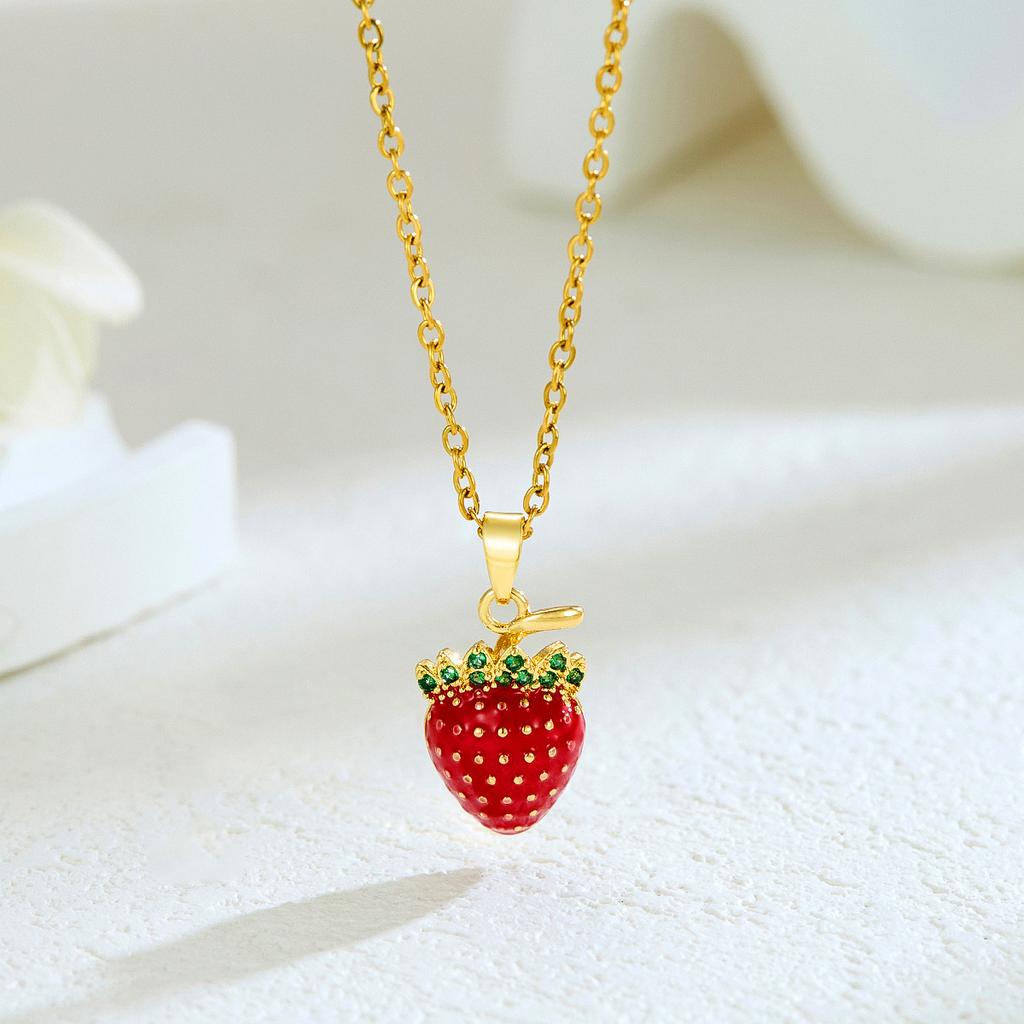 New Sweet and Cute Dripping Oil Strawberry Cherry Titanium Steel Necklace Female Simple Versatile Fruit Series Collarbone Chain