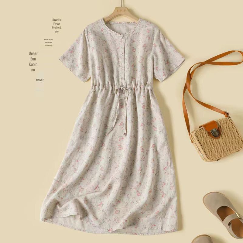 

2026 Retro Cotton & Linen Ruffle Collar Plus Size Short Sleeve Dress for Women - Spring & Summer L