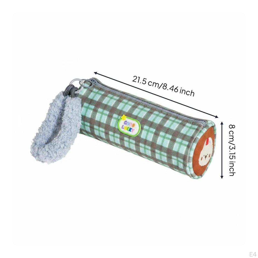 Soft Pen Case Portable Handle Checkered Round Pencil Pouch Easy To Clean Cylinder