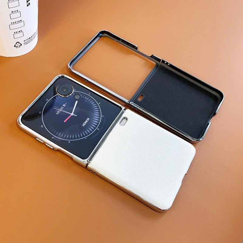 For Honor Magic V Flip 2 Litchi Pattern Solid Color Phone Case PC Hard Shel Plating Frame Protection Solid Color Leather Back Co