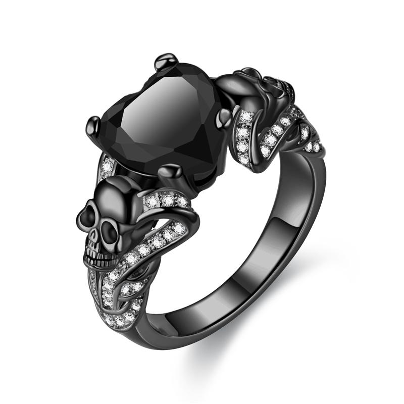 Gothic Skull Vintage Rings Heart Cubic Zirconia Crystal Biker Cocktail Party Rings for Women Halloween Christmas Gifts