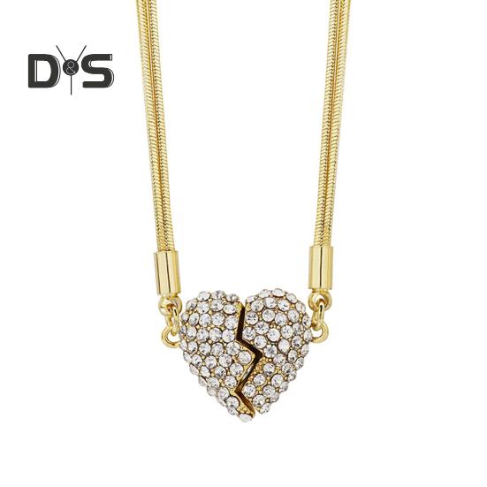 Women Necklace Magnetic Matching Broken Heart Pendant Rhinestone Adjustable Length Hematite Therapy Natural Neck Pain Relief Migraine Healing Choker