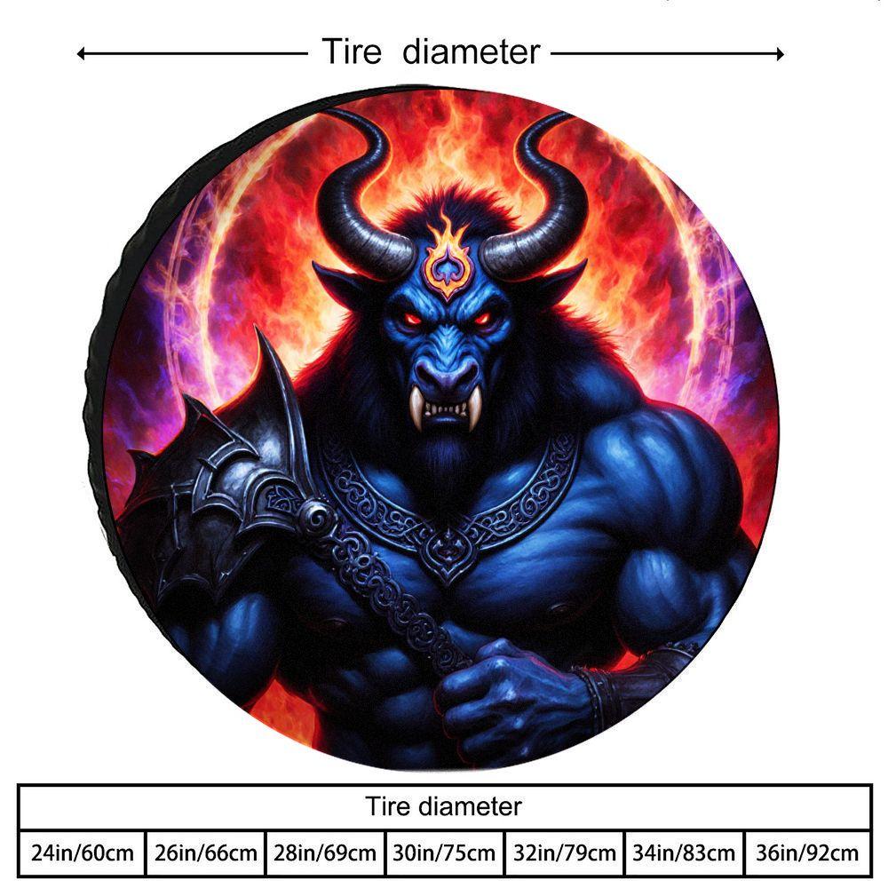 Muscular Blue Bull With Flame Symbol Tire Cover | Dark Celtic Armor Design, Polyester Fiber, Unique Hellish Flame Background, Sp