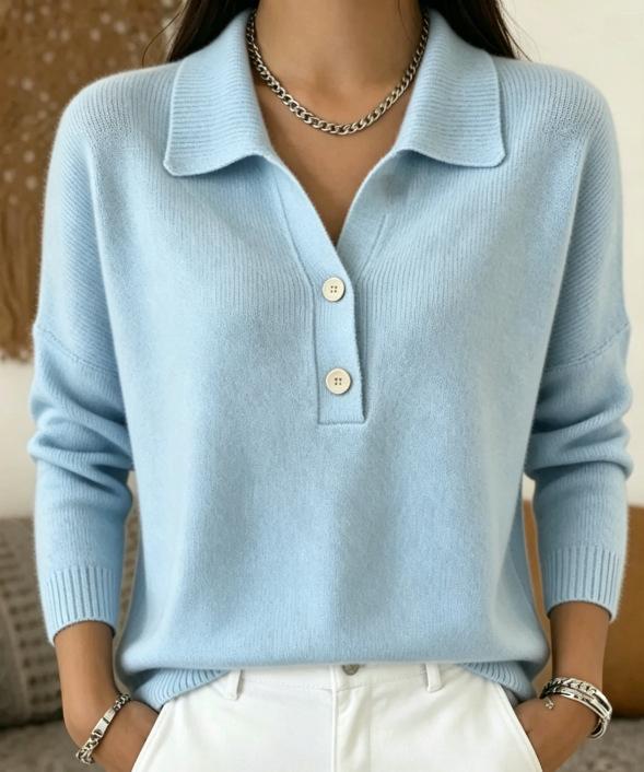 Damski sweter z dzianiny z kołnierzykiem polo, z długim rękawem, zapinany na guziki, gładki, casualowy, wciągany