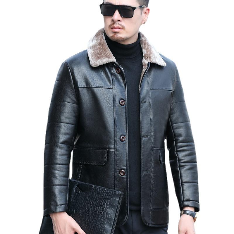 Thick down jacket middle-aged men's leather leather jacket men's casual down jacket lapel collar medium and long dad outfit