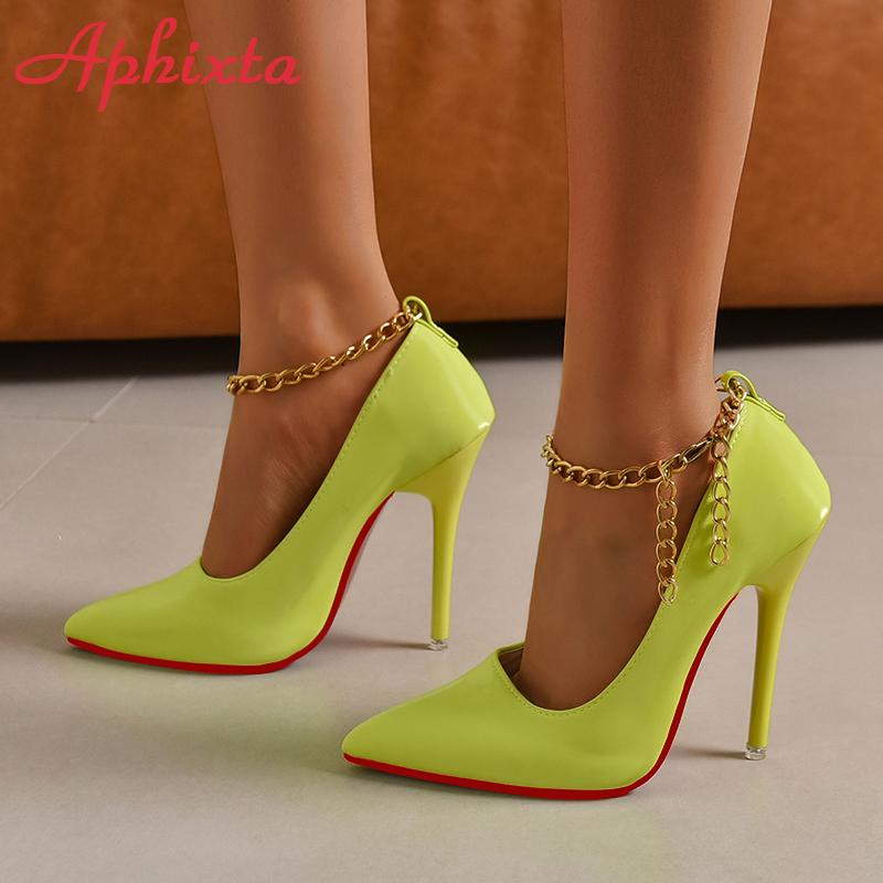 Fashion Aphixta Dark Green 12cm Stiletto Heels Luxury Crystals Belt Buckle Super High Party Pumps Women Shoes Pointed Toe Big Size 35-50