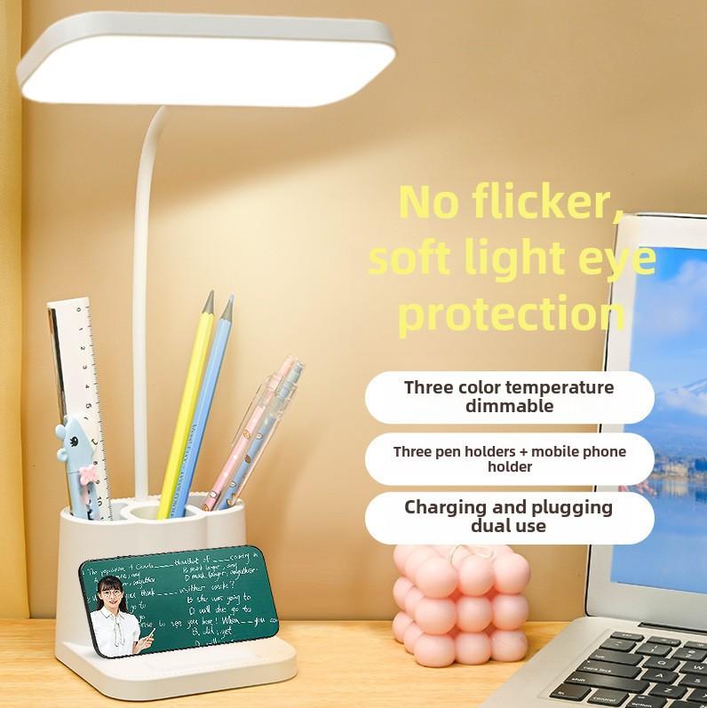 "Multifunctional Desk Lamp with Eye Protection, Touch Dimming, Reading Light, Pen and Phone Holder, and Dormitory Charging"