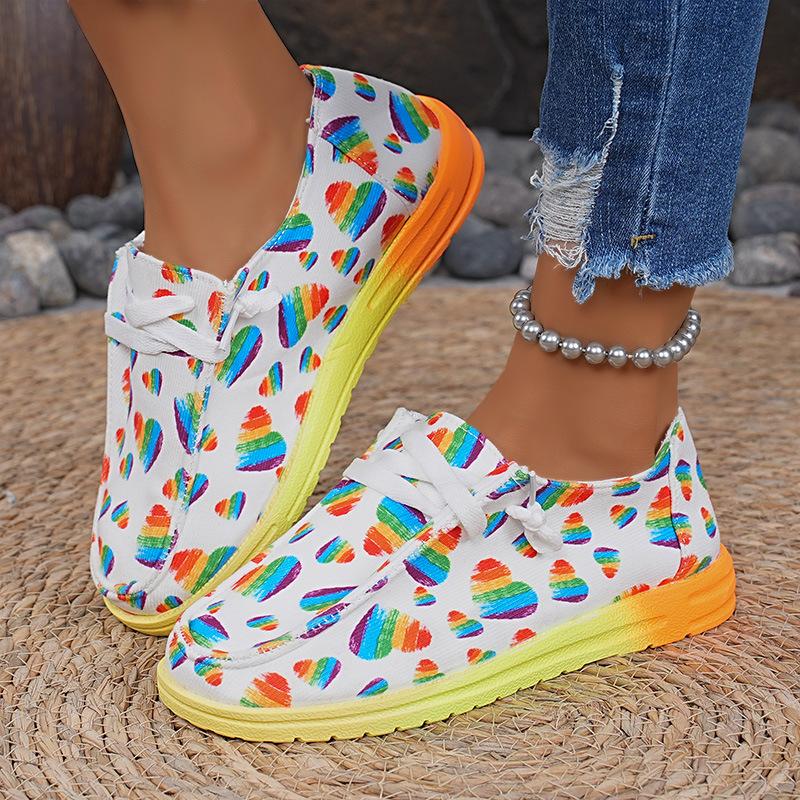 

2025 Женские парусиновые туфли с граффити и радужным принтом, осенние новые повседневные женские туфли на плоской подошве, с круглым носком, многоцветные, на шнуровке 36