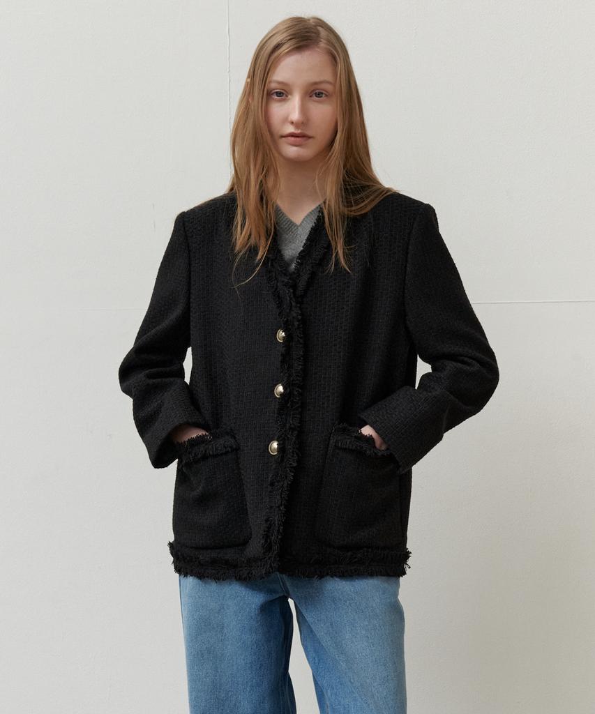 So Ir Fringe V Neck Tweed Jacket - Black