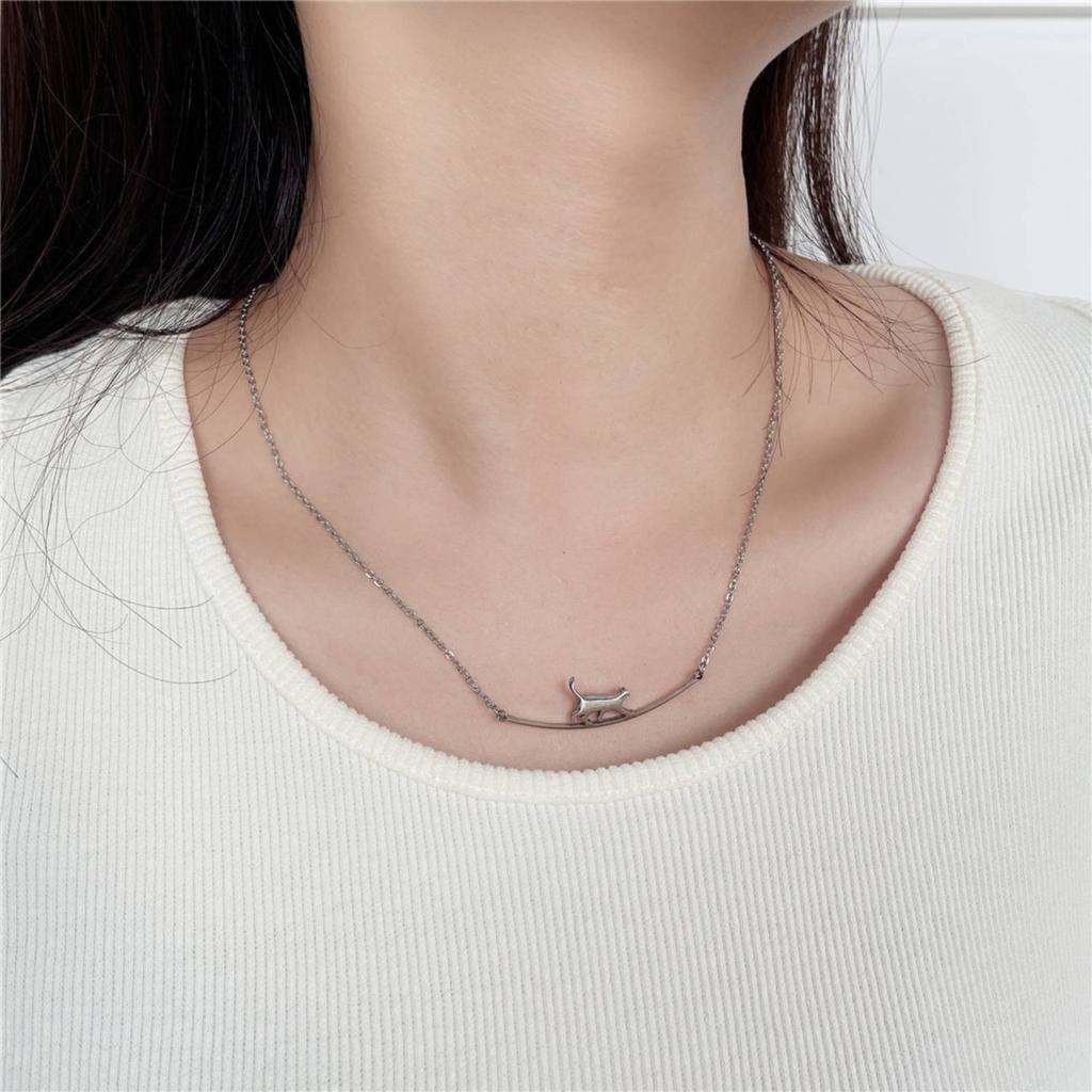 Cute Animal Walking Cat Pendant Necklace for Women Girls Stainless Steel Jewelry Gift