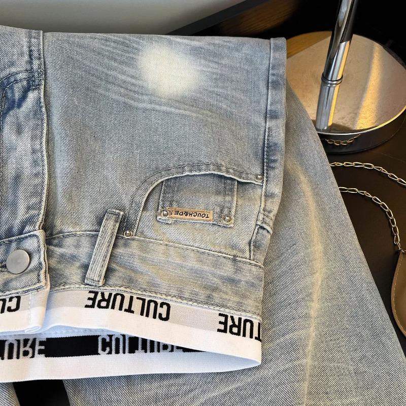 ROADVIBE American Vintage Ripped Patchwork Jeans for Women New Spring Fall Light Blue High Waist Slim Loose Wide Leg Denim Trousers Stree