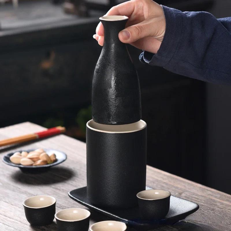 Vintage Ceramic Sake Pot Cups Set Traditional Durable Crafts Gift Groove Design Creative for Cupboard Cabinet Drawer Home