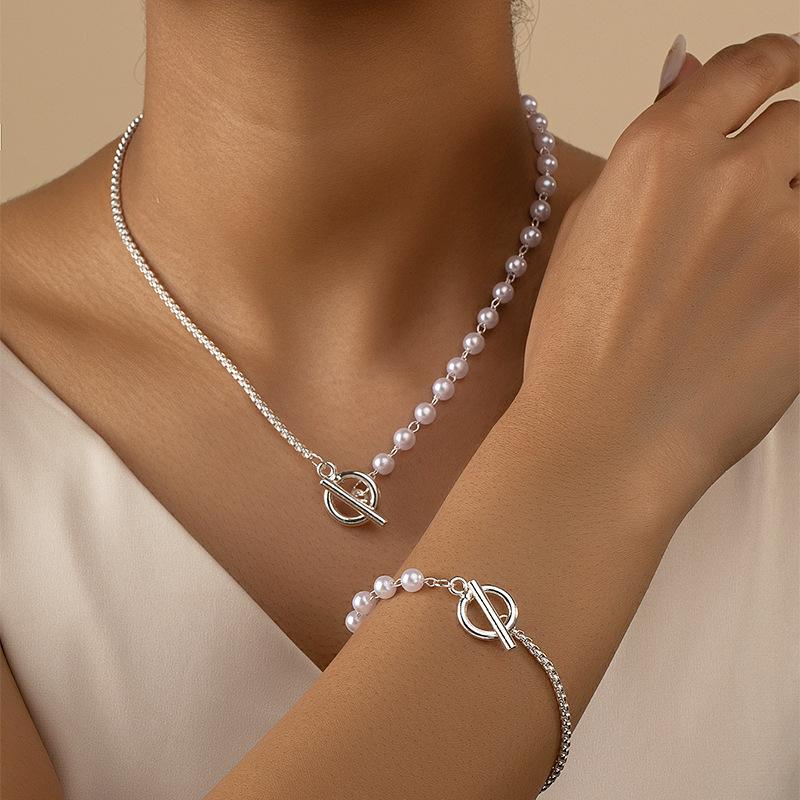 2pcs Elegant Imitation Pearl Beaded Choker Necklaces Bracelet Set for Women  OT Buckle Wedding Party Jewelry Set Gift