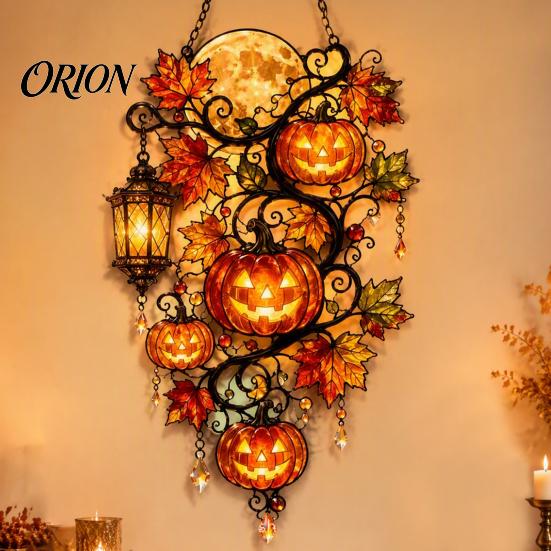 Pumpkin Moon Lantern Ornament Halloween Ornament, Acrylic Stained Glass Window Hanging Decor Decoration, Autumn Maple Leaf Suncatcher Pendant