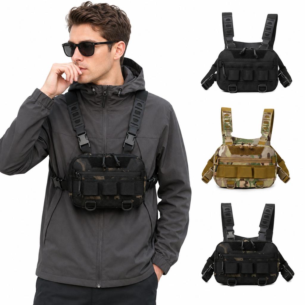 Fishing Tackle Chest Bag for Men Oxford Camo Front Waist Pack Multifunctional Vest Pouch for Cycling Outdoor Sports