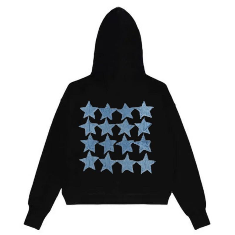 Unisex Harajuku Streetwear Hooded Zip-Up Sweatshirt With Embroidered Star Patch Print