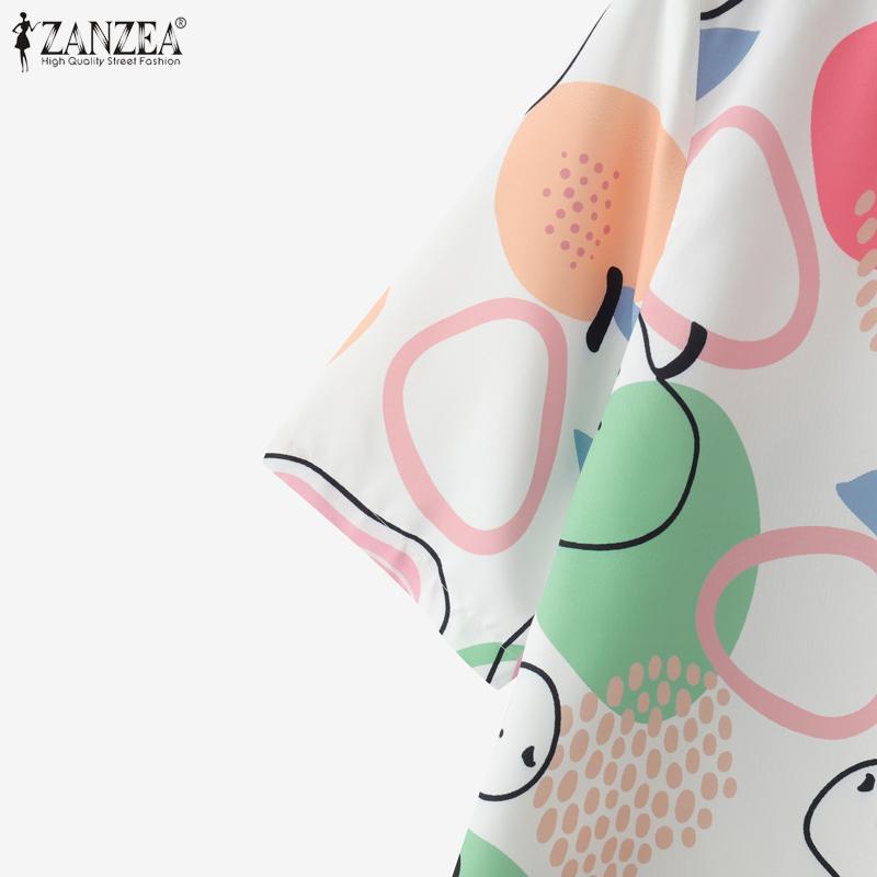 ZANZEA Women Print Casual Round Neck Loose Summer Half Sleeve Blouse