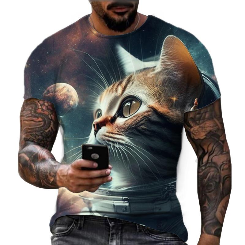 Sommer Rundhals Cooles Astronauten Katze Muster 3D Druck Top Modische Lässige Kurzarm Herren T-Shirts