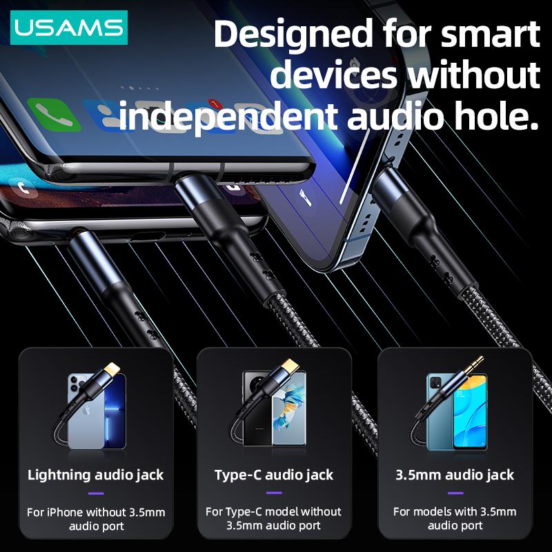 USAMS 3 In 1 Jack Braided Aux Audio Cable 3.5mm Lightning Type C Cable For Phone Tablet Computer CD Car Audio Speaker Headphone
