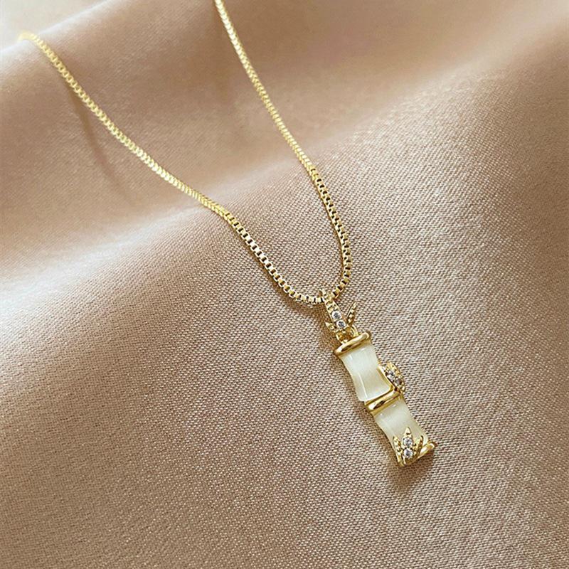 Chinese Style Elegant White Chalcedony Bamboo Pendant Women's Fashion Necklace