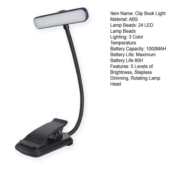 24 LED Rechargeable Book Light for Reading in Bed Stepless Dimming Clip Reading Light with 3 Colors And 5 Brightness for Studying