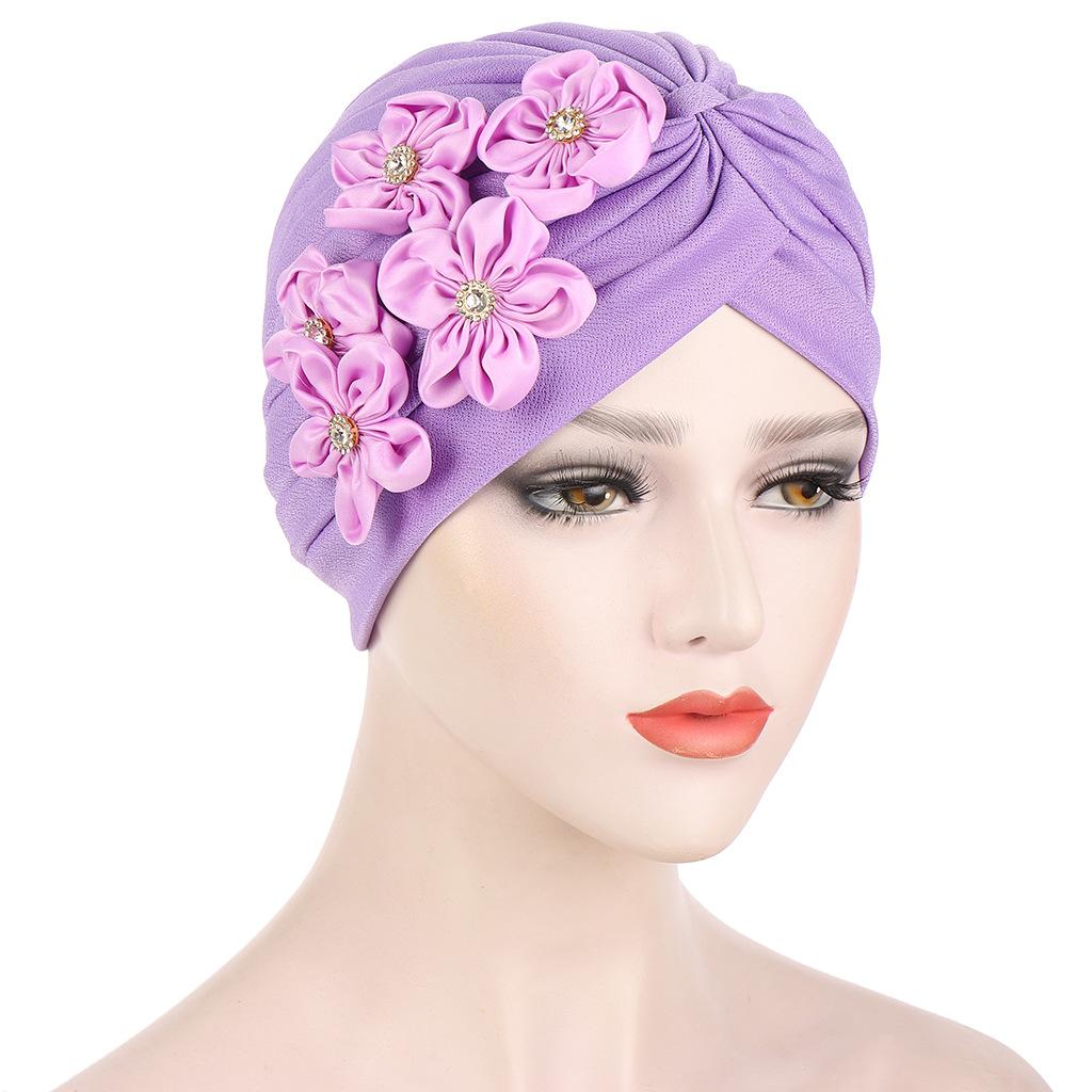 Women Flowers Ruffle Turban Caps Muslim Elastic Pearls Headscarf Bonnet Ladies Hair Accessories Indian Cap Turbante Mujer