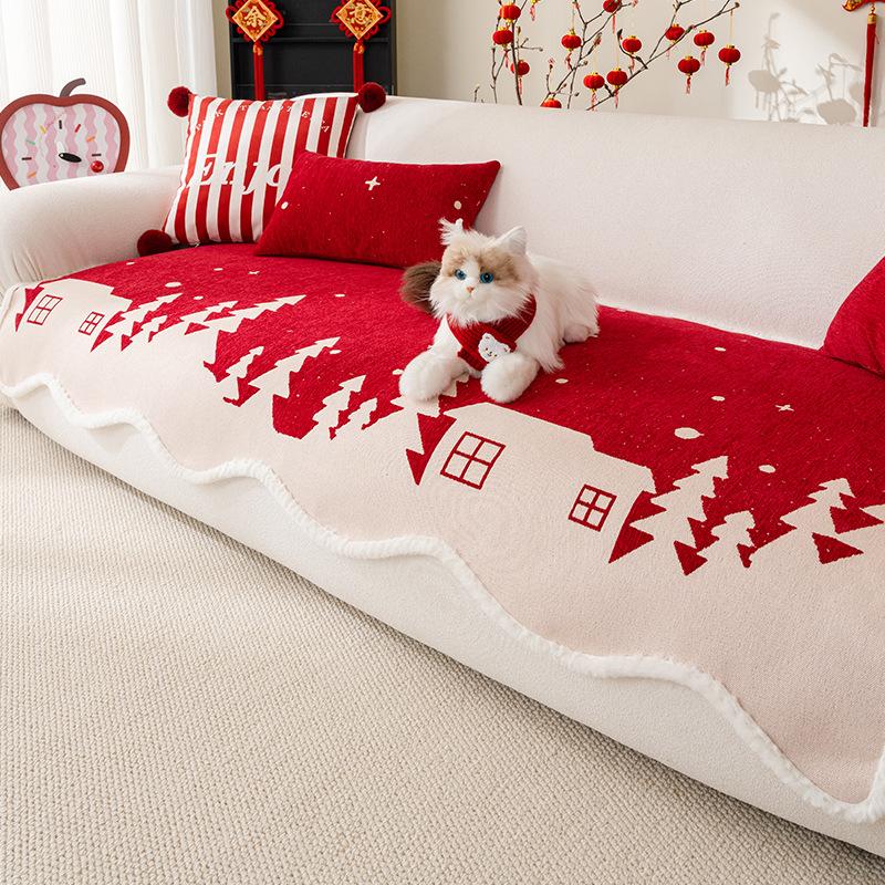 Special-Shaped Sofa Cushion Festive Red New Winter Chenille Sofa Seat Cushion One-Piece Straight Row Sofa Cover Cloth Protection