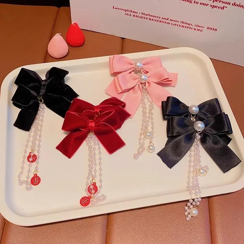 Eleganter Perlen-Schleifen-Quasten-Haarclip Solide Samt-Haarklammer Kinder Prinzessin Beste Haarnadeln Neue Mode Schönheit Haaraccessoires