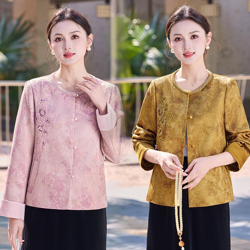 Elegant Beaded Coat: Spring/Autumn Chinese Style Jacket for Middle-aged and Elderly Women