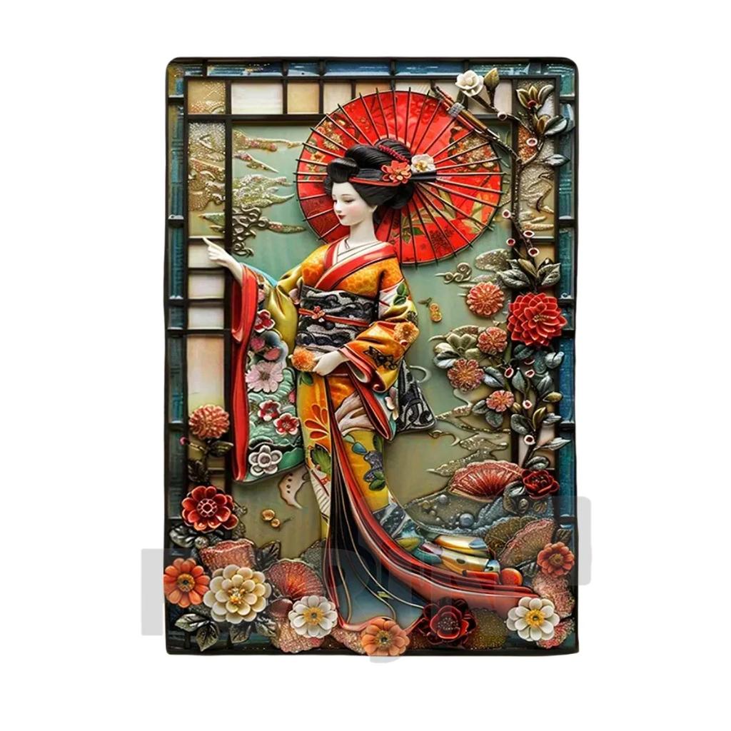 2D Japanisches Kunstposter Kimono Kirschblüten, elegantes Retro Geisha Metallschild, Zuhause, Zimmer, Büro, Izakaya, Café, Studio Wanddekor