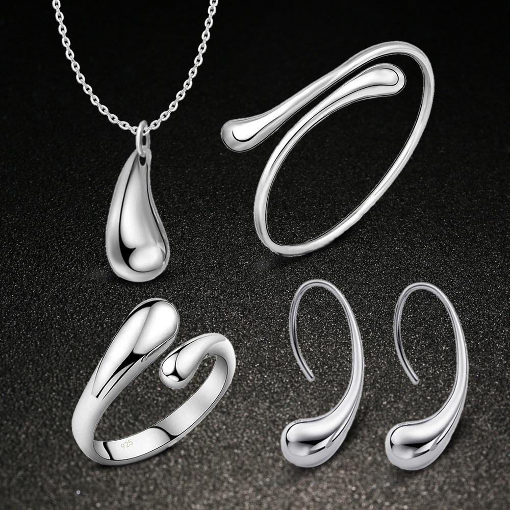 Retro Silver Jewelry Set: Water Drop Earrings, Bracelet, Necklace, Ring, and Oval Earrings for Women