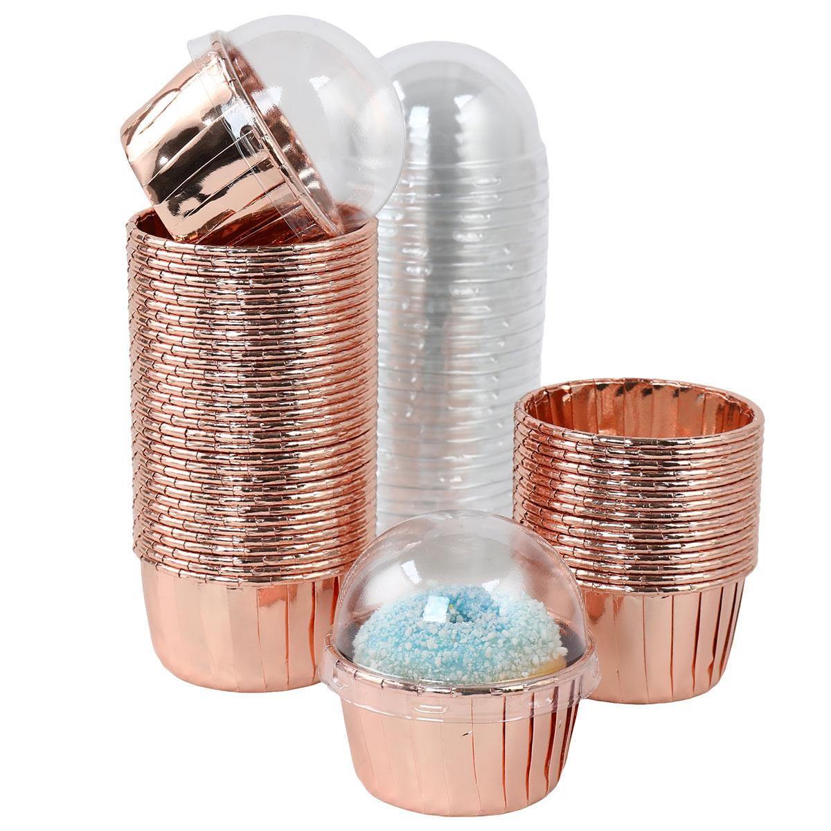 

50Pc Foil Cupcake Liners with Lids Heat Resistant Rose Gold Cake Cups Round Aluminum Baking Cups Kitchen Wedding Party Supplies