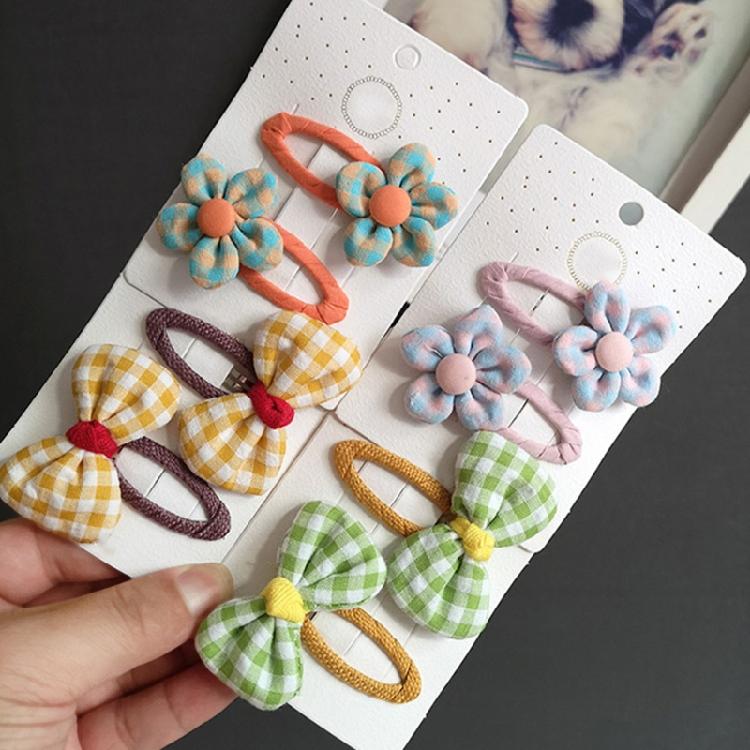Lovely Flower Hair Clip Plaid Bow Snap Clip Non Slip Wrapped Hairpins for Kids