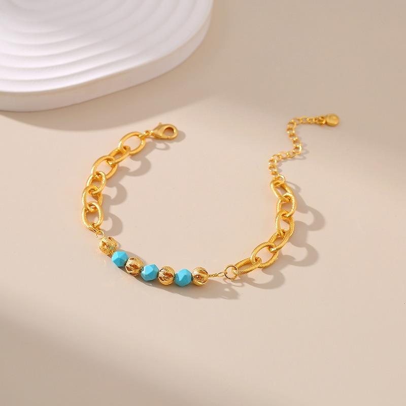 French Neutral 18k Gold Plated Brass Interlocking Chain Hollow Turquoise Bracelet