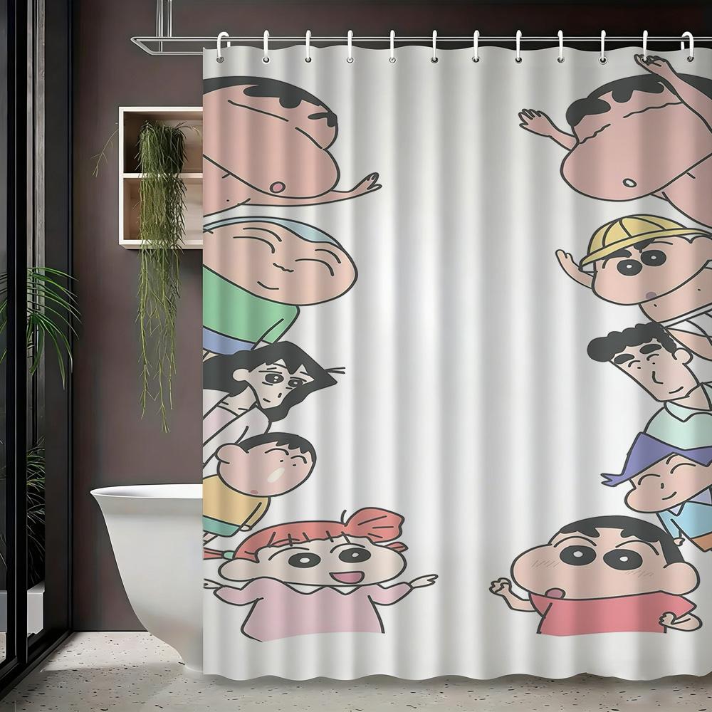 Crayon Shin-chan & Friends with Shiro 2D Print Waterproof Shower Curtain, Green Anime Bathroom Decor with Hooks