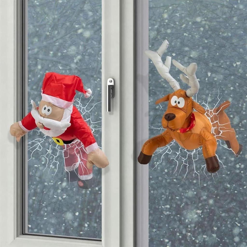 Christmas Crashing Animated Decoration Smashing Santa Reindeer Decoration Sound Activation Decor with Broken Glass Sticker and