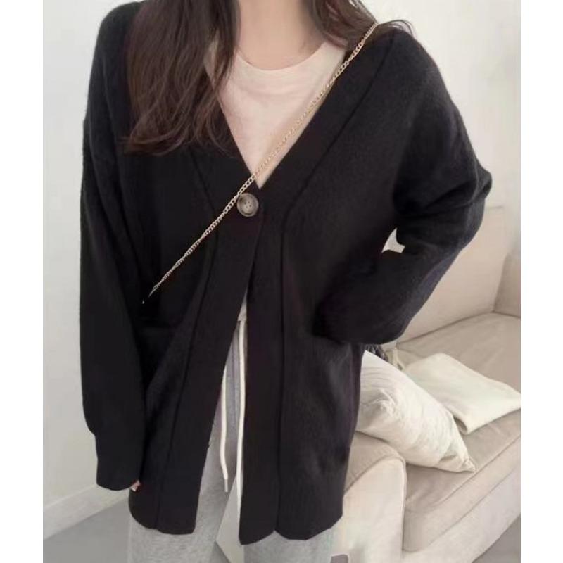 

Свободный и непринужденный вязаный кардиган в корейском стиле для женской осени и зимы, новый мягкий и повседневный свитер-пальто на одной пуговице One Size чёрный