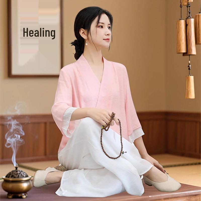 

Women s Ethereal Zen Healer Robe: Summer Meditation Suit with Slanted Placket Tie M