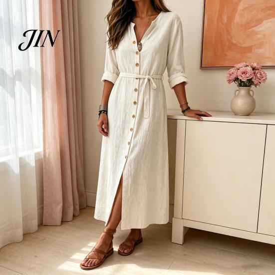 Casual Jurk voor Dames Zomerse Knopen Lange Jurk, Losse V-hals Tunique voor Dagelijks Gebruik Opgerolde Mouwen Vakantie Loungewear Middellang